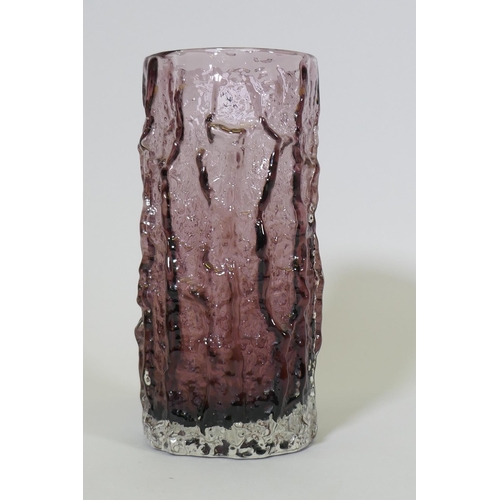 34 - A Whitefriars large aubergine colour bark textured glass vase, designed by Geoffrey Baxter, pattern ... 