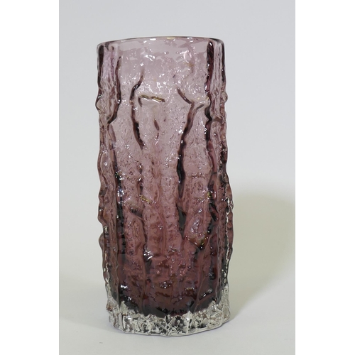 34 - A Whitefriars large aubergine colour bark textured glass vase, designed by Geoffrey Baxter, pattern ... 