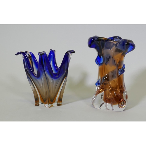 41 - A Murano bowl, 14cm high, and vase in blue and copper colourway