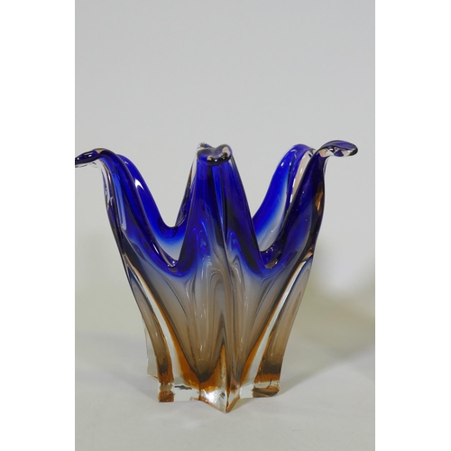 41 - A Murano bowl, 14cm high, and vase in blue and copper colourway