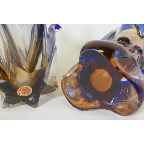 41 - A Murano bowl, 14cm high, and vase in blue and copper colourway