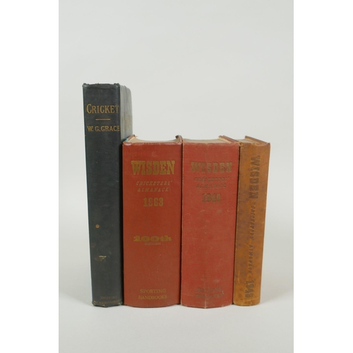 42 - 'Cricket', by W.G. Grace, published by J.W. Arrowsmith, 1891, and three 'Wisden Cricketers Almanack'... 