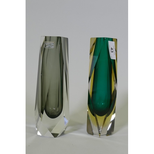 43 - A Murano Sommerso type glass vase in pewter colour, and another in green, 21cm high