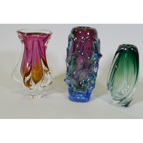 45 - Three studio glass vases, possibly Murano, largest 25cm high, one chipped at base