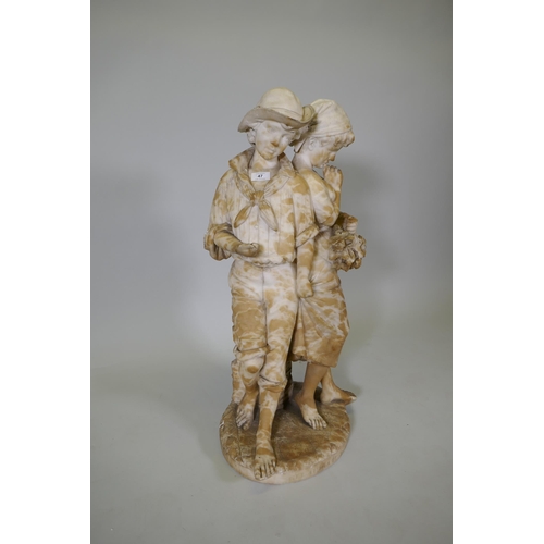 47 - After Cesare Lapini, (Italian, 1848-?) Gli Adirati, carved alabaster figure group of a boy and girl,... 