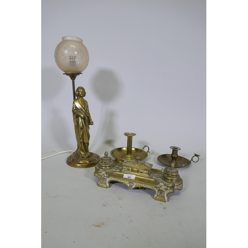 48 - A Victorian brass desk standish with two inkwells, stamped C. Winn & Co, Birmingham, 30cm long, ... 