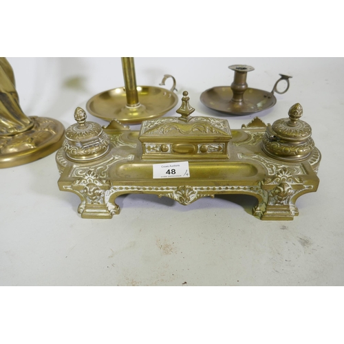 48 - A Victorian brass desk standish with two inkwells, stamped C. Winn & Co, Birmingham, 30cm long, ... 