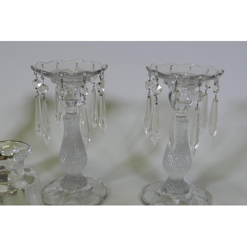 53 - A pair of pressed glass candlesticks, 25cm high, a pair of lustres, AF lacks some drops, glass ewer ... 