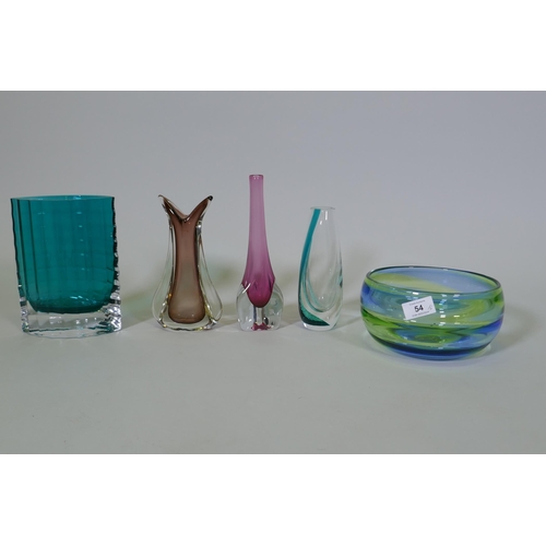 54 - A studio glass vase with ribbed and reeded decoration, 20cm high, three vases and a bowl