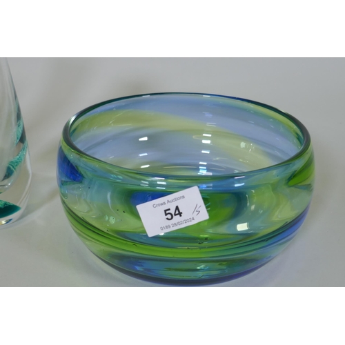 54 - A studio glass vase with ribbed and reeded decoration, 20cm high, three vases and a bowl