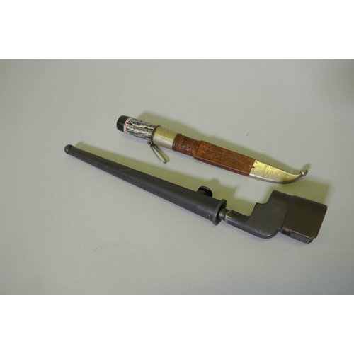 55 - A WWII No 4 MkII spike bayonet with metal sheath, stamped N67, 28cm long, and a vintage Nordic Puukk... 