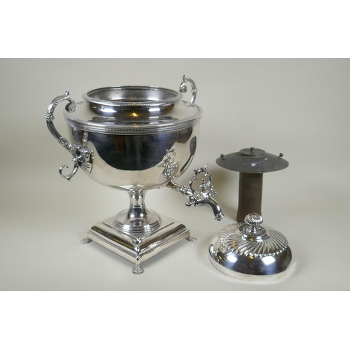 602 - A fine Victorian silver plated samovar/tea urn, with two handles and paw feet, the cover interior in... 