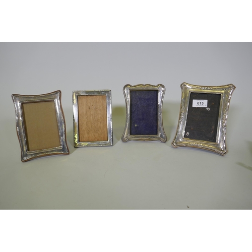 615 - Four Edwardian and later hallmarked silver photo frames, largest aperture 8 x13cm, two lack glass