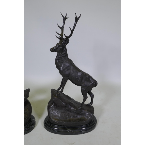 62 - After Jules Moigniez (French, 1835-1894), a pair of twelve point bronze stags, on marble bases, sign... 