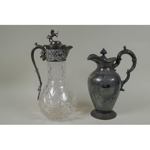 621 - An antique silver plated and cut glass claret jug with a rampant lion knop, and a Walker and Hall si... 