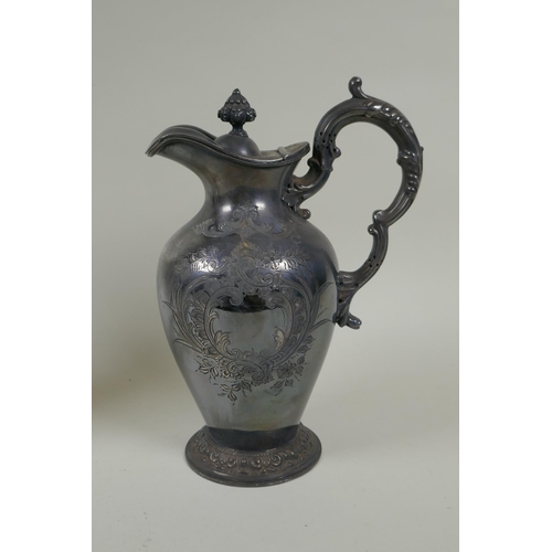 621 - An antique silver plated and cut glass claret jug with a rampant lion knop, and a Walker and Hall si... 