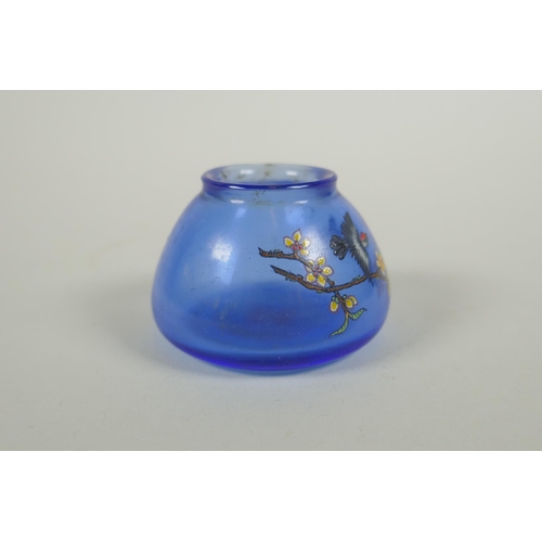 70 - A Chinese Peking glass bird feeder with polychrome enamel bird decoration, seal mark to base, 5cm di... 