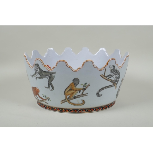 76 - An early C20th Chinese Republic polychrome porcelain Monteith bowl, decorated with monkeys, goldfish... 