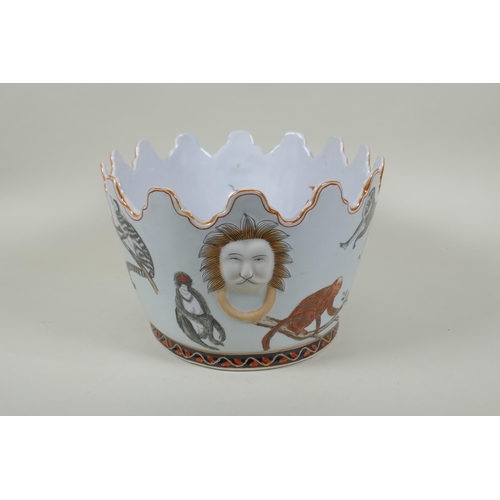 76 - An early C20th Chinese Republic polychrome porcelain Monteith bowl, decorated with monkeys, goldfish... 