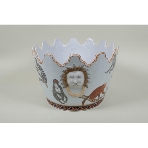 76 - An early C20th Chinese Republic polychrome porcelain Monteith bowl, decorated with monkeys, goldfish... 