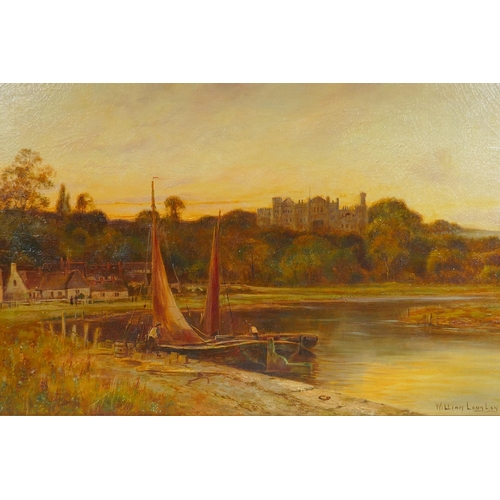 801 - William Langley, sailing barges on the River Arun with castle beyond, signed, oil on canvas, 50 x 76... 