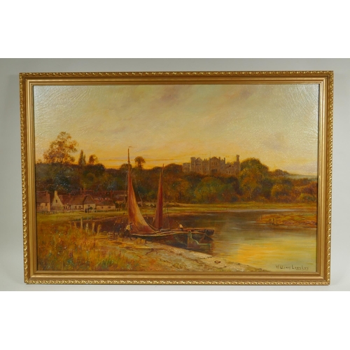 801 - William Langley, sailing barges on the River Arun with castle beyond, signed, oil on canvas, 50 x 76... 