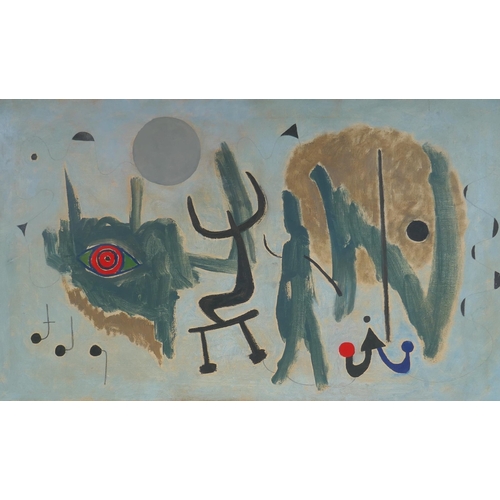 804 - In the manner of Joan Miro, surrealist composition, oil on canvas, 45 x 79cm, unframed