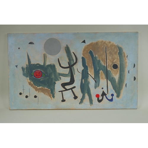 804 - In the manner of Joan Miro, surrealist composition, oil on canvas, 45 x 79cm, unframed