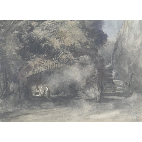 808 - Attributed to Henry Bright, (British, 1810-1873), figures sheltering in a cave by a fire, monochrome... 