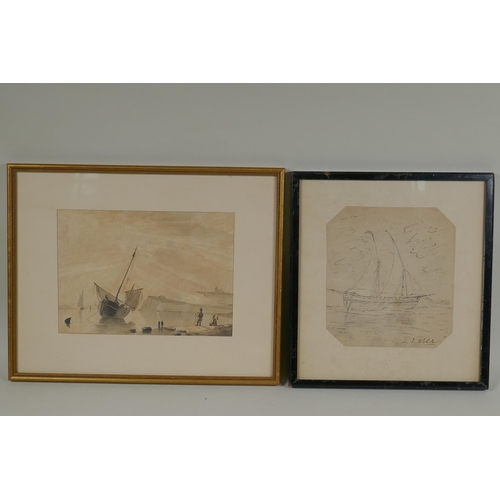 812 - Coastal inlet with figures and boats, antique ink and wash, and another, a study of a sailing vessel... 