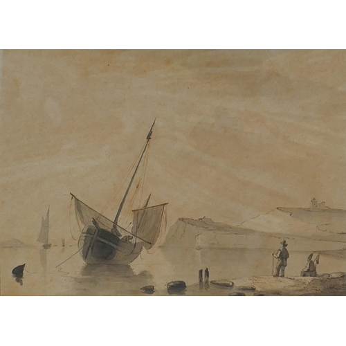 812 - Coastal inlet with figures and boats, antique ink and wash, and another, a study of a sailing vessel... 