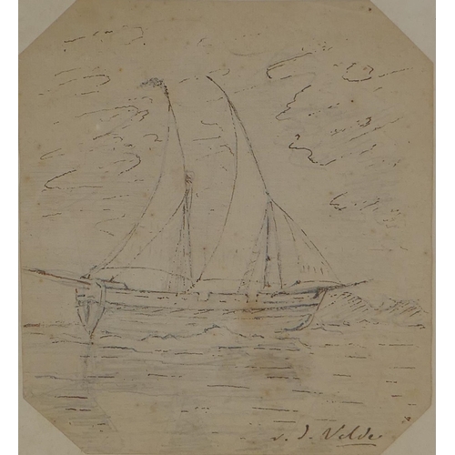 812 - Coastal inlet with figures and boats, antique ink and wash, and another, a study of a sailing vessel... 