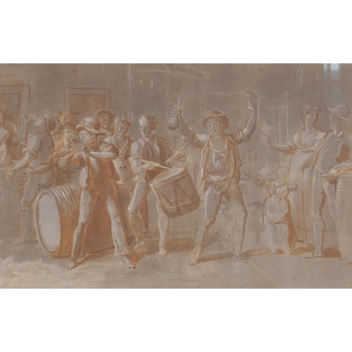 814 - Revellers in a street,  C18th watercolour, ink and white chalk drawing, 21 x 32cm