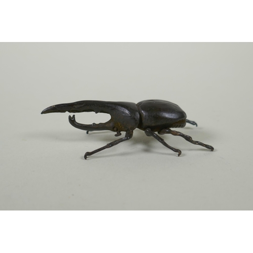 86 - A Japanese style bronze okimono hercules beetle, 7cm 