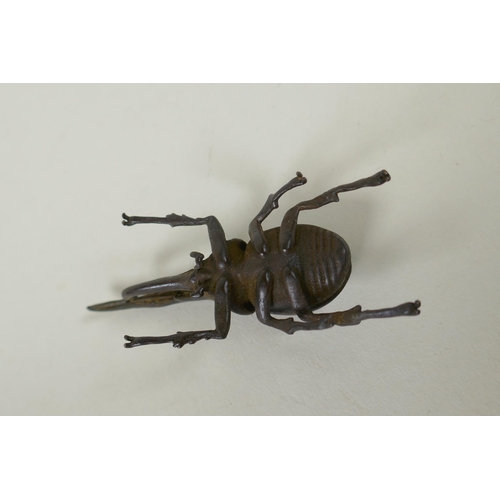 86 - A Japanese style bronze okimono hercules beetle, 7cm 