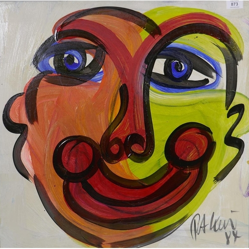 873 - Peter Keil, abstract face, signed and dated 84, oil on board, 61 x 61cm