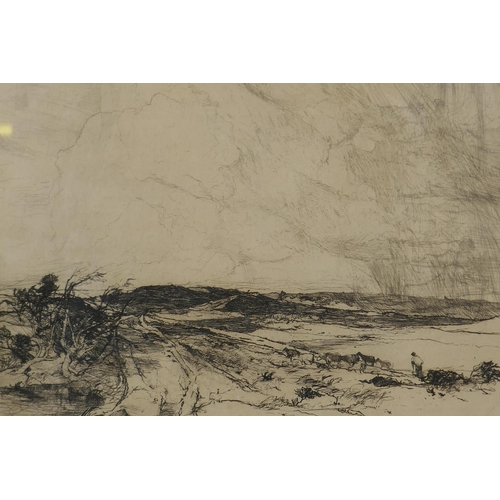 876 - Oliver Hall, landscape with cattle and drover, etching, signed, 16 x 21cm