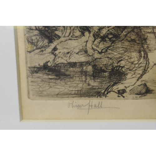 876 - Oliver Hall, landscape with cattle and drover, etching, signed, 16 x 21cm