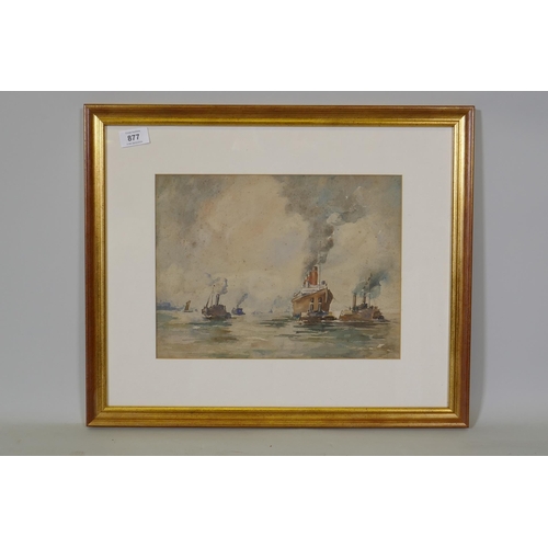 877 - Attributed David A. Baxter, Low Tide, the Queen Mary towed by tugs, labelled verso, watercolour, 32 ... 