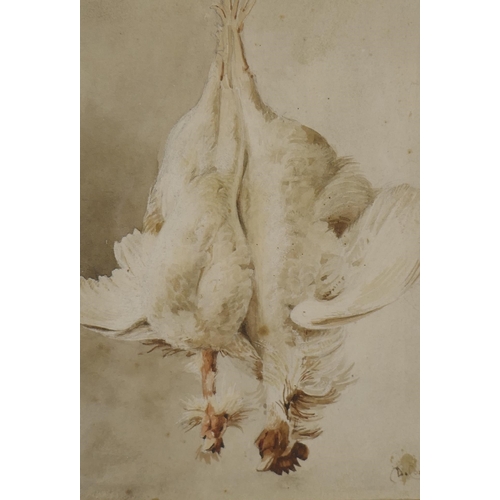 879 - David Cox Junior, still life, hanging poultry, signed D. Cox, watercolour, 11 x 15cm