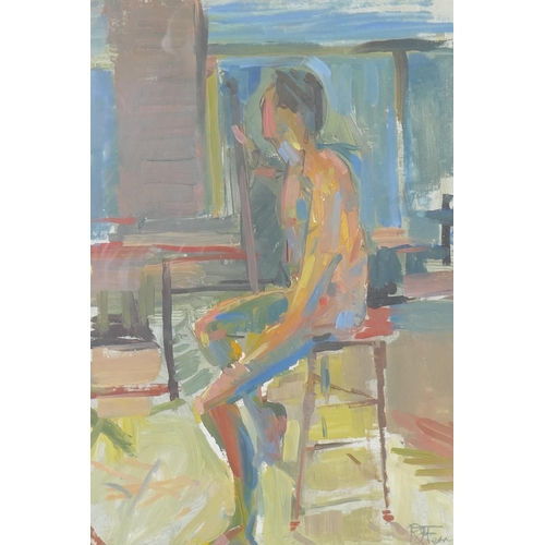 880 - Roger Ferrin, R.O.I., Seated Nude, signed and labelled verso, acrylic on board, 20 x 27cm