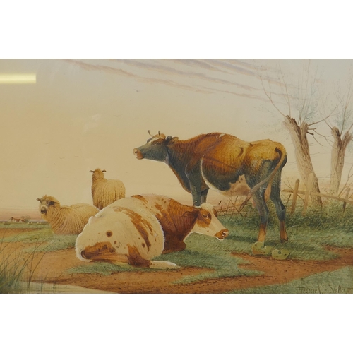 885 - Frederick E. Valter, sheep and cattle in a spring landscape, signed, watercolour, 29 x 20cm