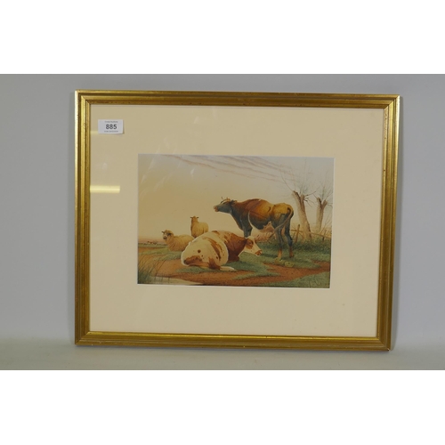 885 - Frederick E. Valter, sheep and cattle in a spring landscape, signed, watercolour, 29 x 20cm