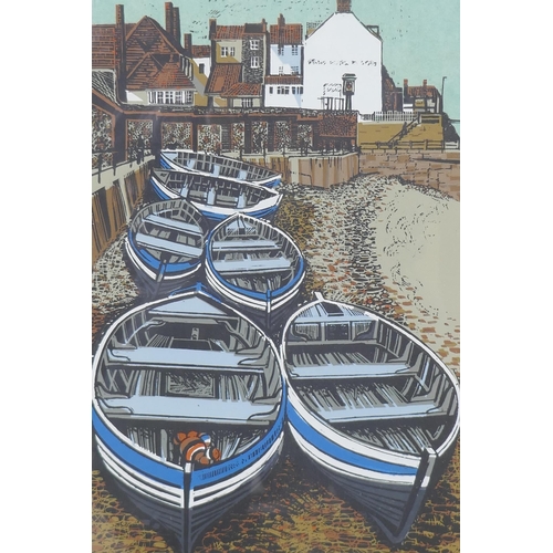 886 - G.P. Gillick, East Sheringham, boats on the foreshore, signed limited edition screenprint, 2/75, dat... 