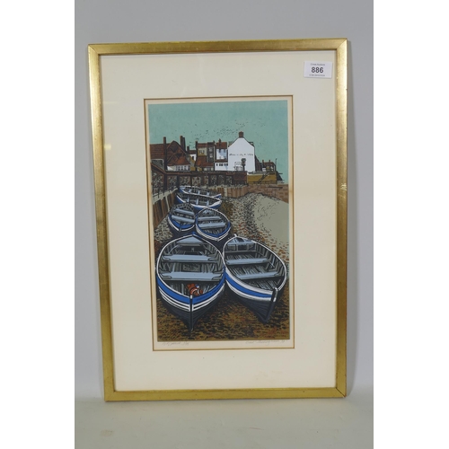 886 - G.P. Gillick, East Sheringham, boats on the foreshore, signed limited edition screenprint, 2/75, dat... 