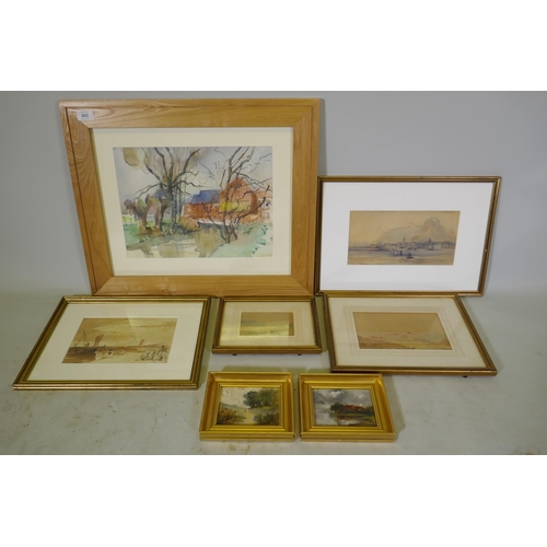 892 - A collection of C19th and later watercolours, beach scene with fisher folk, 16 x 25cm; view of a por... 