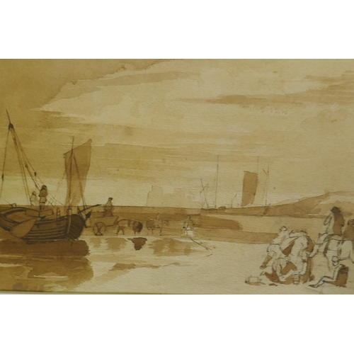 892 - A collection of C19th and later watercolours, beach scene with fisher folk, 16 x 25cm; view of a por... 