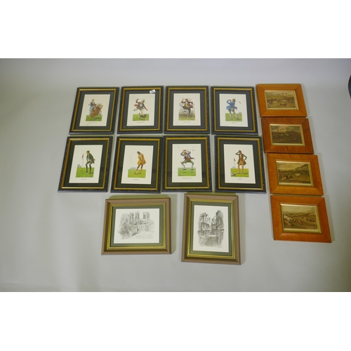 893 - After R.S. Lindsay, eight humorous golfing prints, framed, frame 30 x 38cm, four hunting prints in m... 