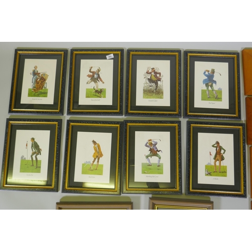 893 - After R.S. Lindsay, eight humorous golfing prints, framed, frame 30 x 38cm, four hunting prints in m... 