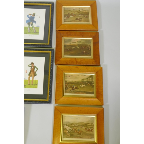 893 - After R.S. Lindsay, eight humorous golfing prints, framed, frame 30 x 38cm, four hunting prints in m... 